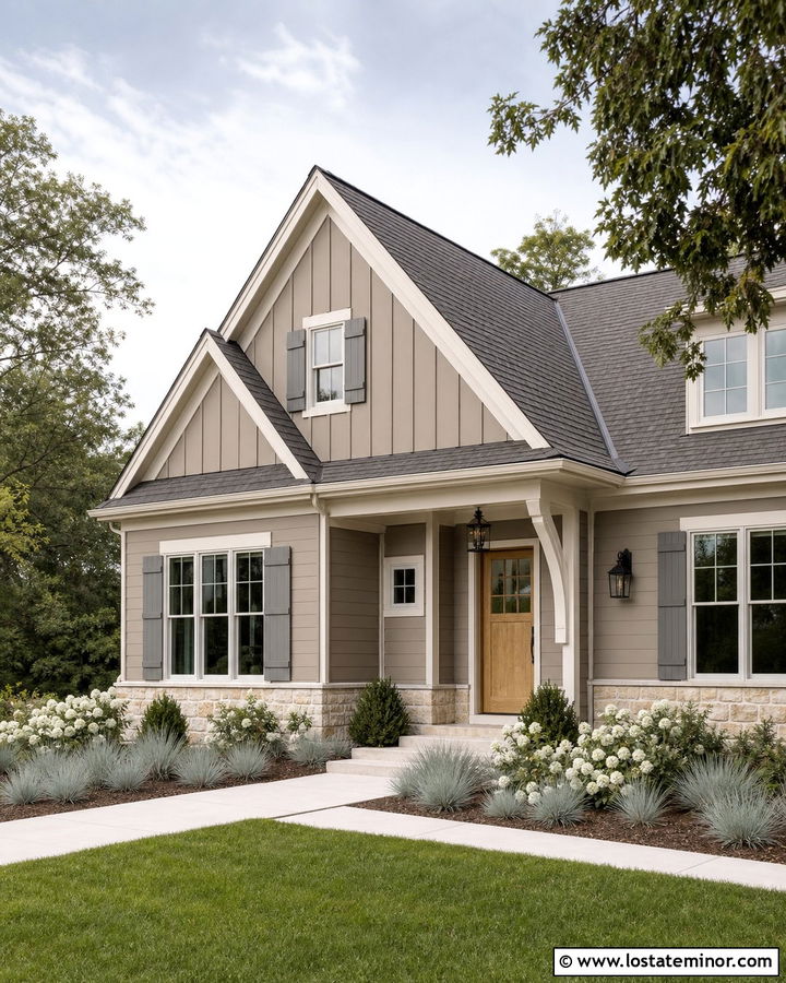 Taupe House With Soft Gray Shutters - 30 Taupe House Design With Shutters Ideas