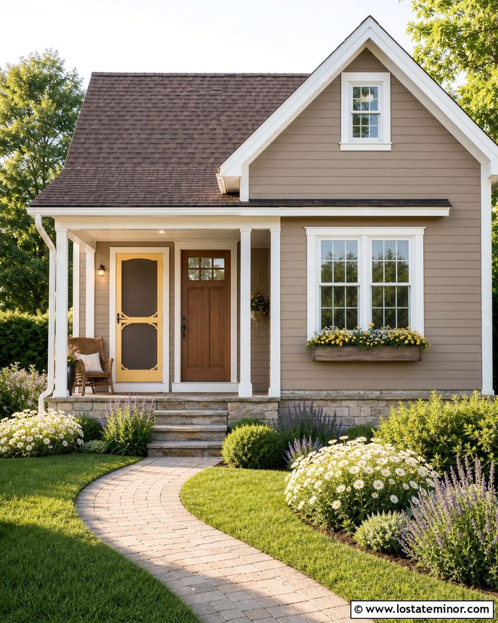 Taupe House With Soft Yellow Screen Door - 30 Taupe House Design With Screen Door Ideas