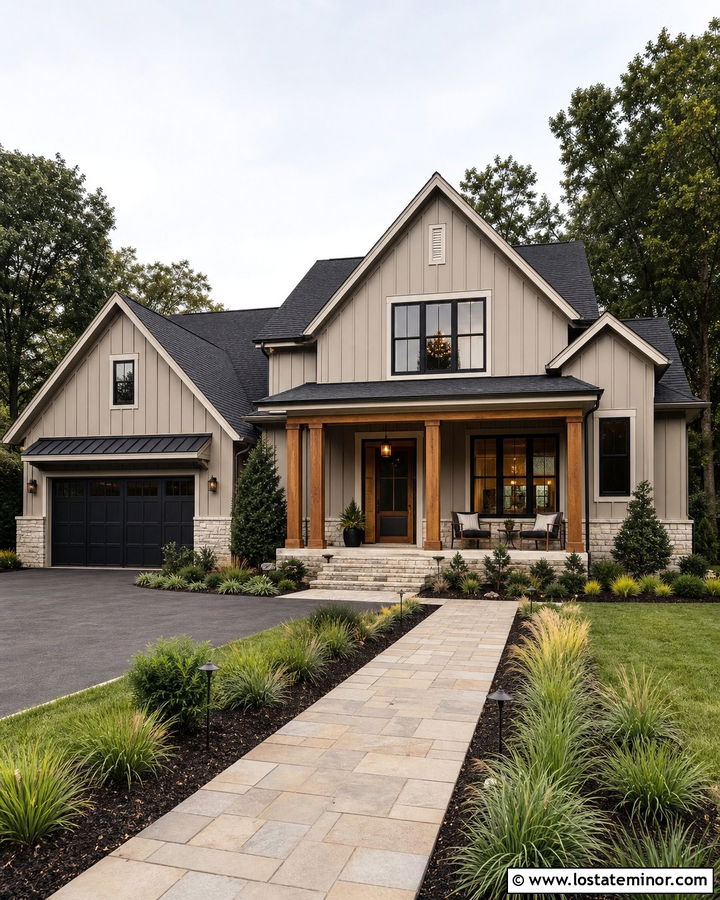 Taupe House With Stained Oak Screen Door - 30 Taupe House Design With Screen Door Ideas