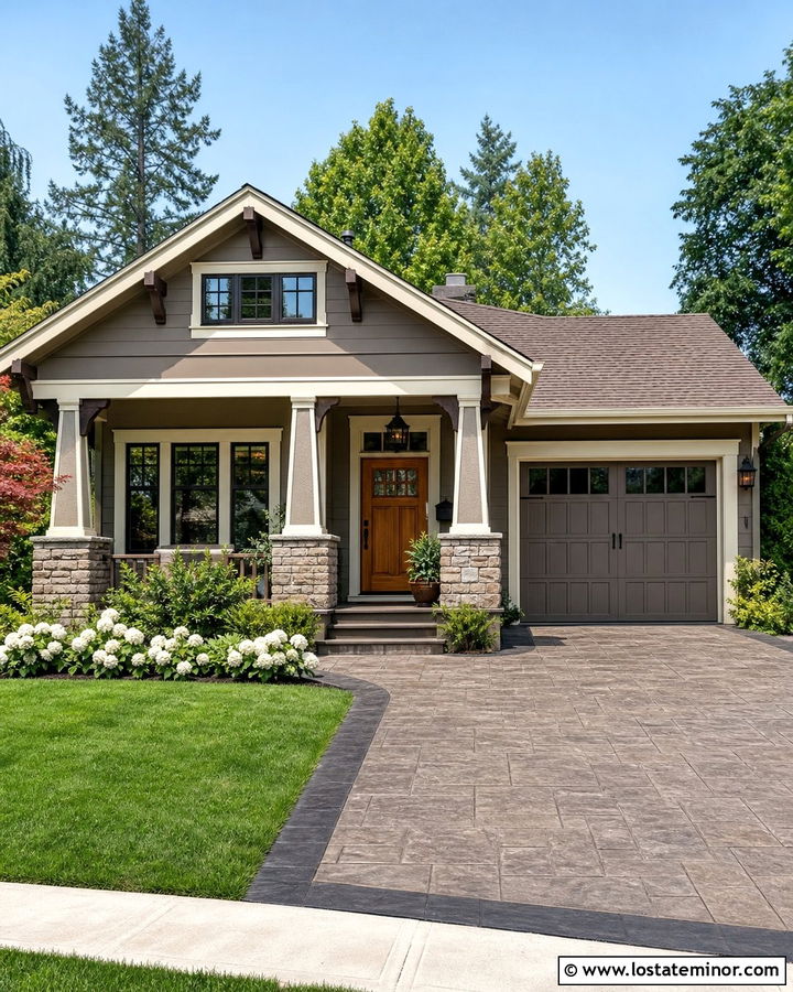 Taupe House With Stamped Concrete Driveway - 30 Taupe House Design With Driveway Ideas