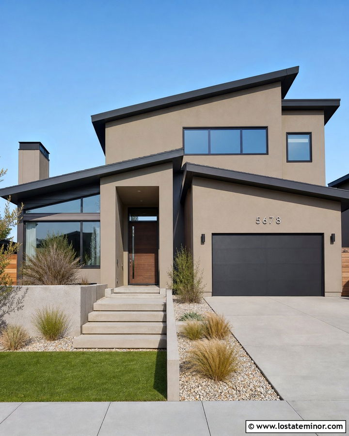 Taupe House With Steel Numbers Above Garage - 30 Taupe House Design With House Numbers Ideas