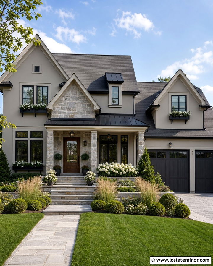 Taupe House With Stone Accents And Window Boxes - 30 Taupe House Design With Window Boxes Ideas