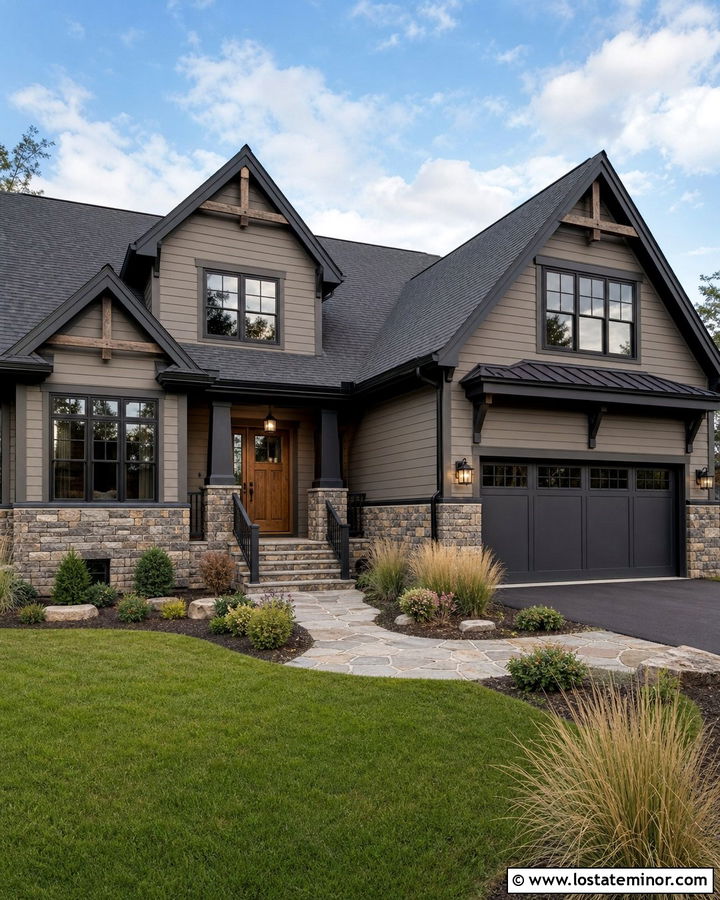 Taupe House With Stone And Black Trim - 30 Taupe House Design With Trim Ideas