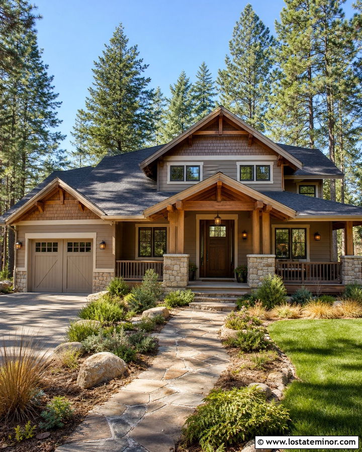 Taupe House With Stone And Shingle Accents - 30 Taupe House Design With Shingles Ideas
