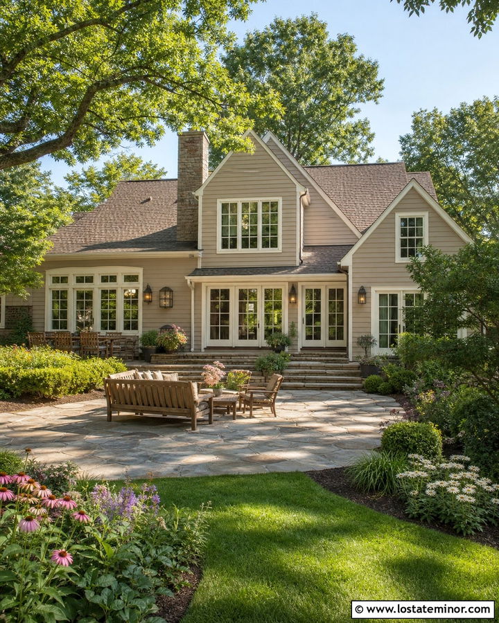 Taupe House With Stone Backyard Patio - 30 Taupe House Design With Backyard Ideas
