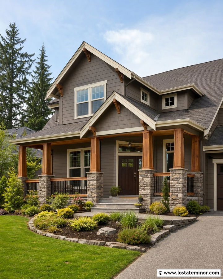Taupe House With Stone Columns And Wood Railings - 30 Taupe House Design With Railings Ideas