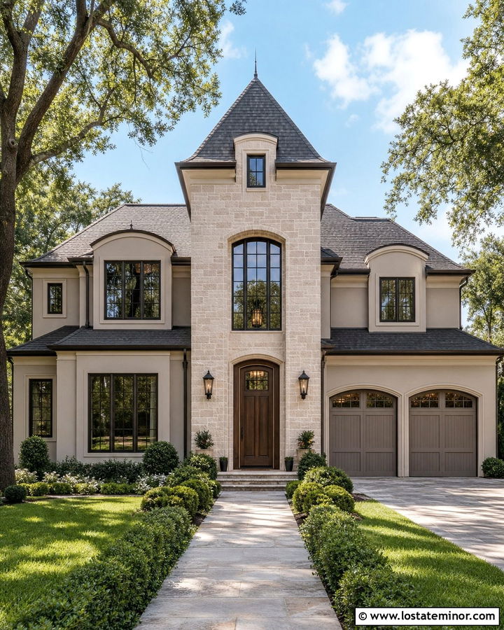 Taupe House With Stone Entry Tower - 30 Taupe House Design With Stone Accents Ideas