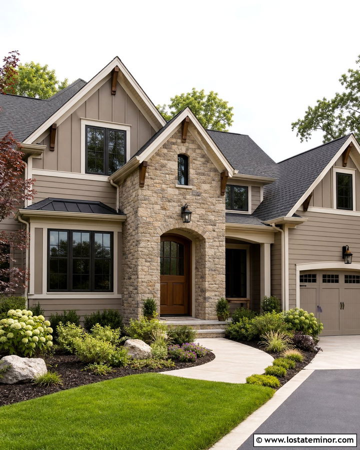 Taupe House With Stone Gable - 30 Taupe House Design With Stone Accents Ideas