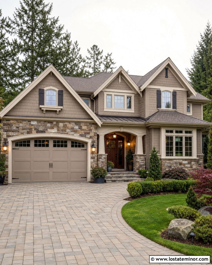 Taupe House With Stone Garage Surround - 30 Taupe House Design With Garage Door Ideas