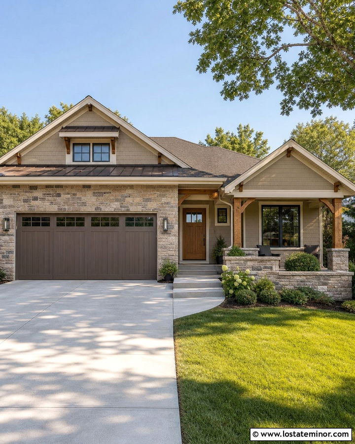 Taupe House With Stone Garage - 30 Taupe House Design With Stone Accents Ideas