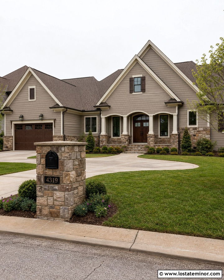 Taupe House With Stone Mailbox Column - 30 Taupe House Design With Mailbox Ideas