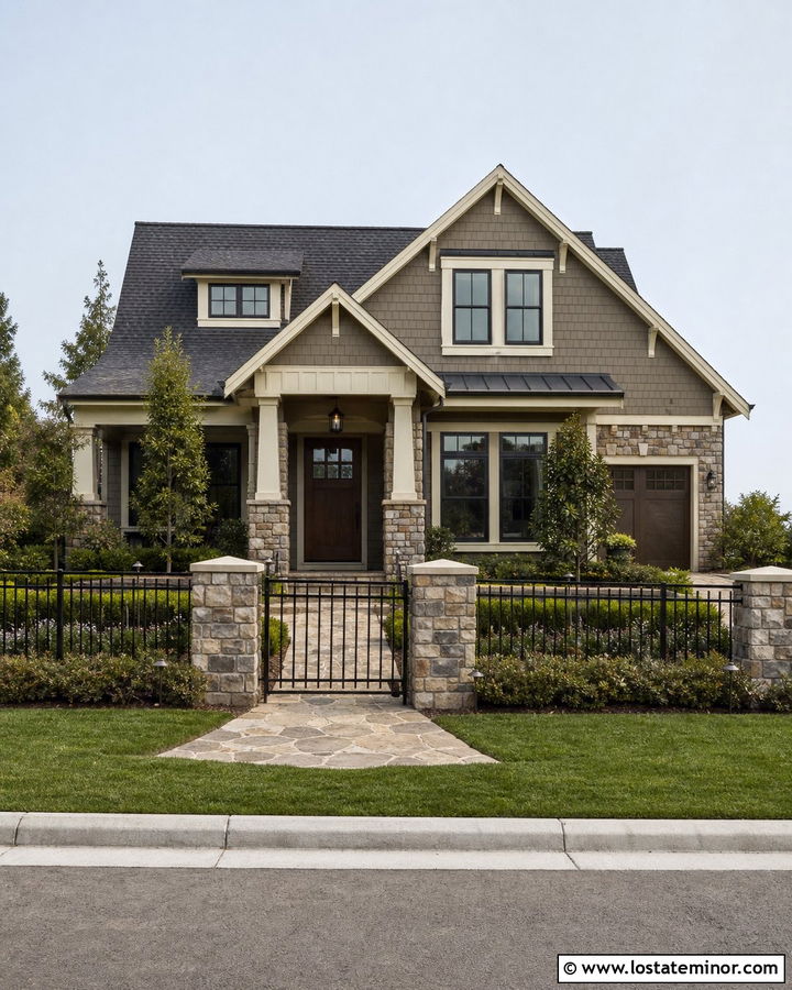 Taupe House With Stone Pillar Fence - 30 Taupe House Design With Fence Ideas
