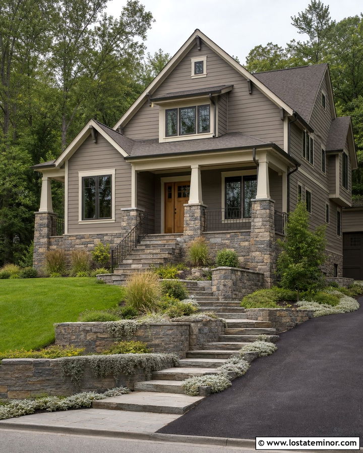 Taupe House With Stone Retaining Walls - 30 Taupe House Design With Stone Accents Ideas