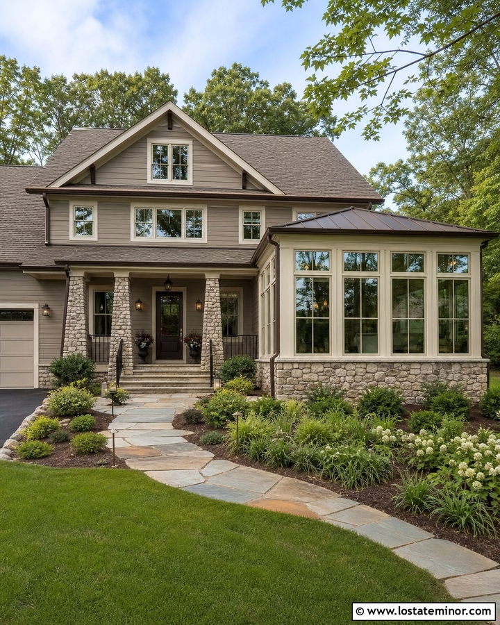 Taupe House With Stone Sunroom - 30 Taupe House Design With Sunroom Ideas
