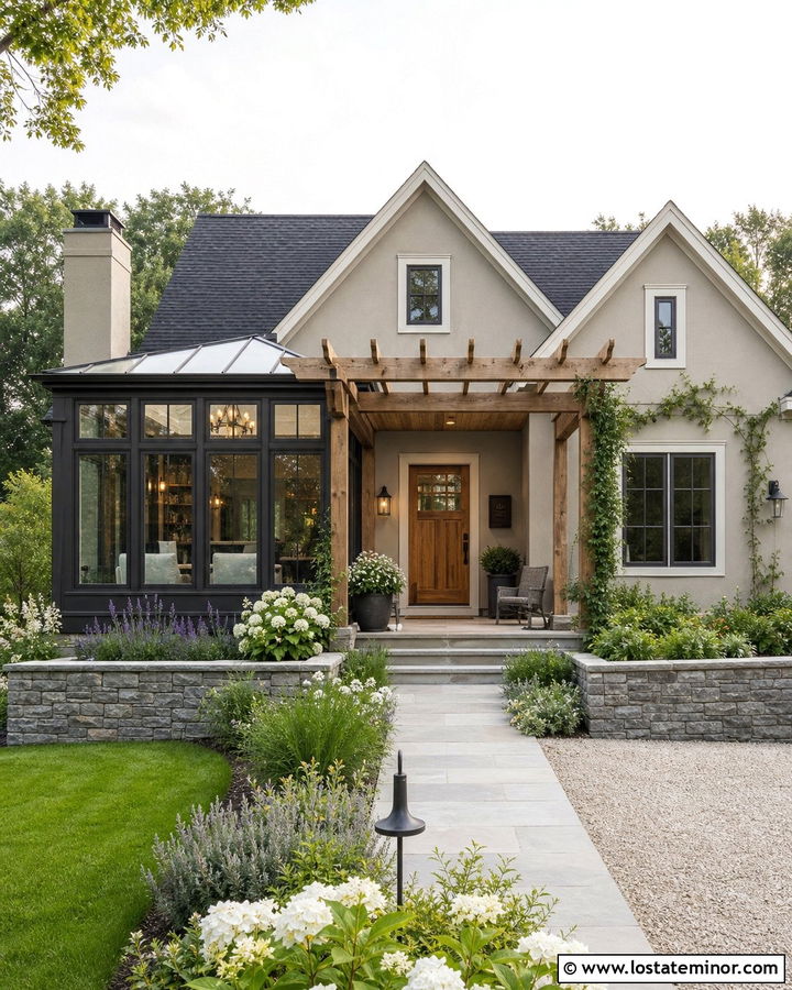 Taupe House With Sunroom And Pergola - 30 Taupe House Design With Sunroom Ideas