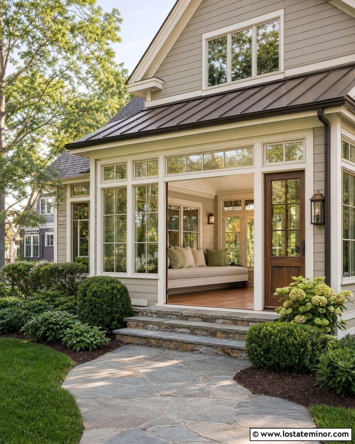 Taupe House With Sunroom Porch Daybed - 30 Taupe House Design With Daybed Ideas