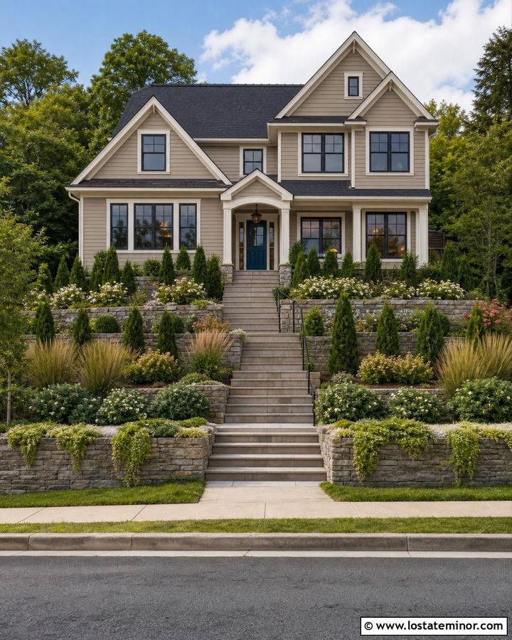 Taupe House With Terraced Front Yard - 30 Taupe House Design With Front Yard Ideas