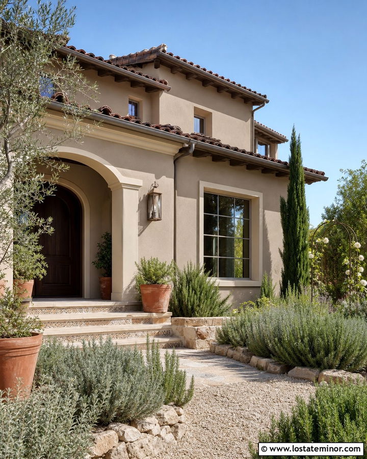 Taupe House With Terracotta Accents And Mediterranean Landscaping - 30 Taupe House Design With Landscaping Ideas