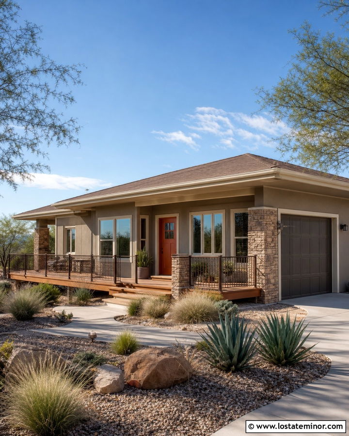 Taupe House With Terracotta Door And Cedar Deck - 30 Taupe House Design With Deck Ideas