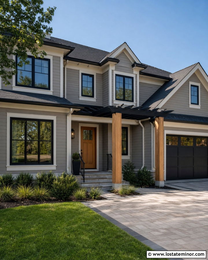 Taupe House With Two Tone Pergola - 30 Taupe House Design With Pergola Ideas