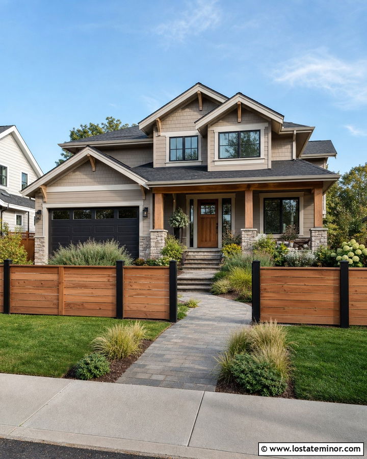 Taupe House With Two Tone Wood Fence - 30 Taupe House Design With Fence Ideas
