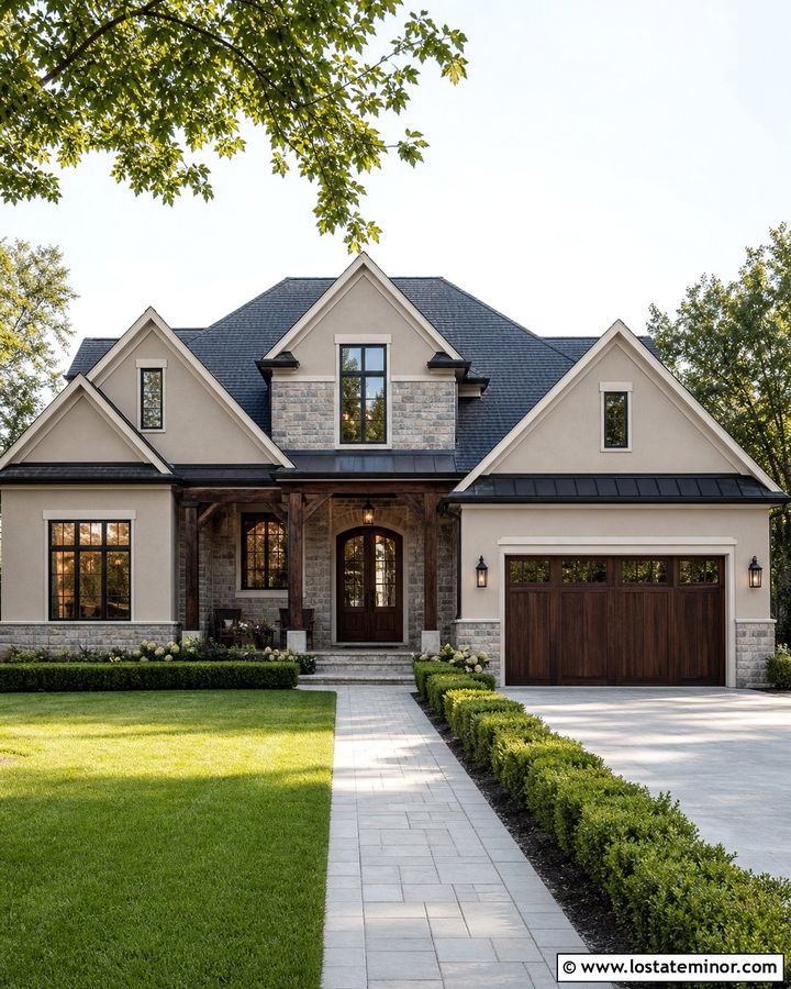 Taupe House With Walnut Garage Door - 30 Taupe House Design With Garage Door Ideas