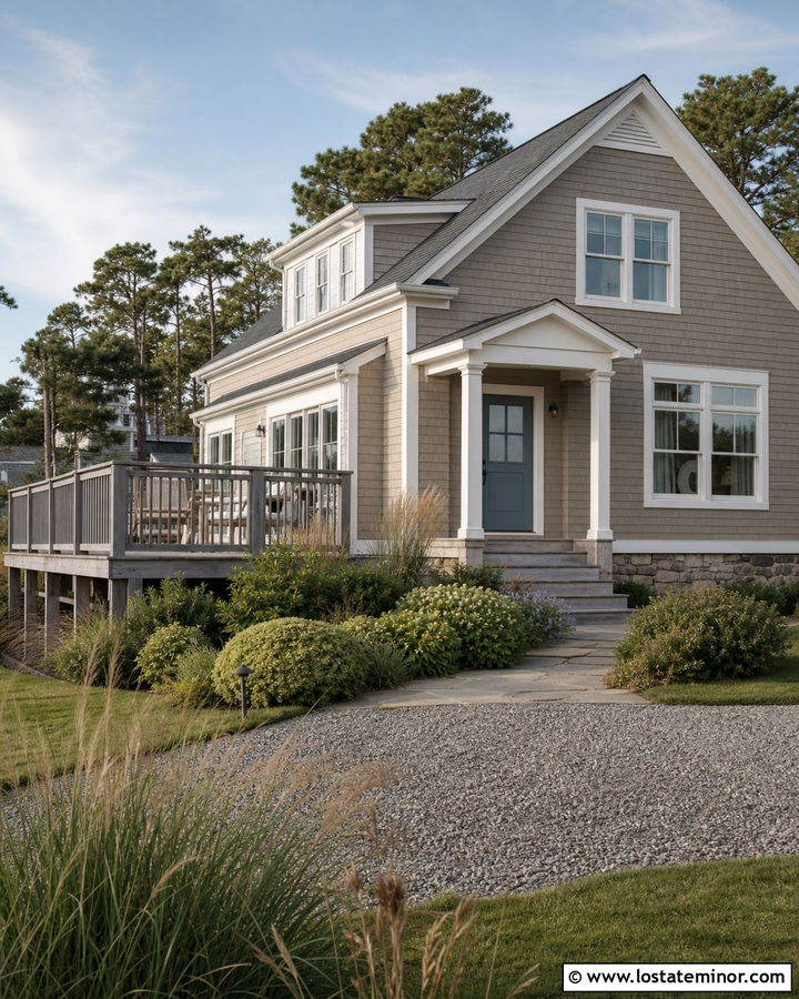 Taupe House With Weathered Gray Deck - 30 Taupe House Design With Deck Ideas