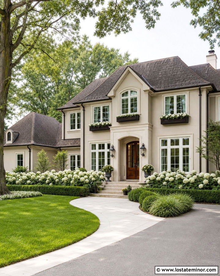 Taupe House With White And Green Window Boxes - 30 Taupe House Design With Window Boxes Ideas