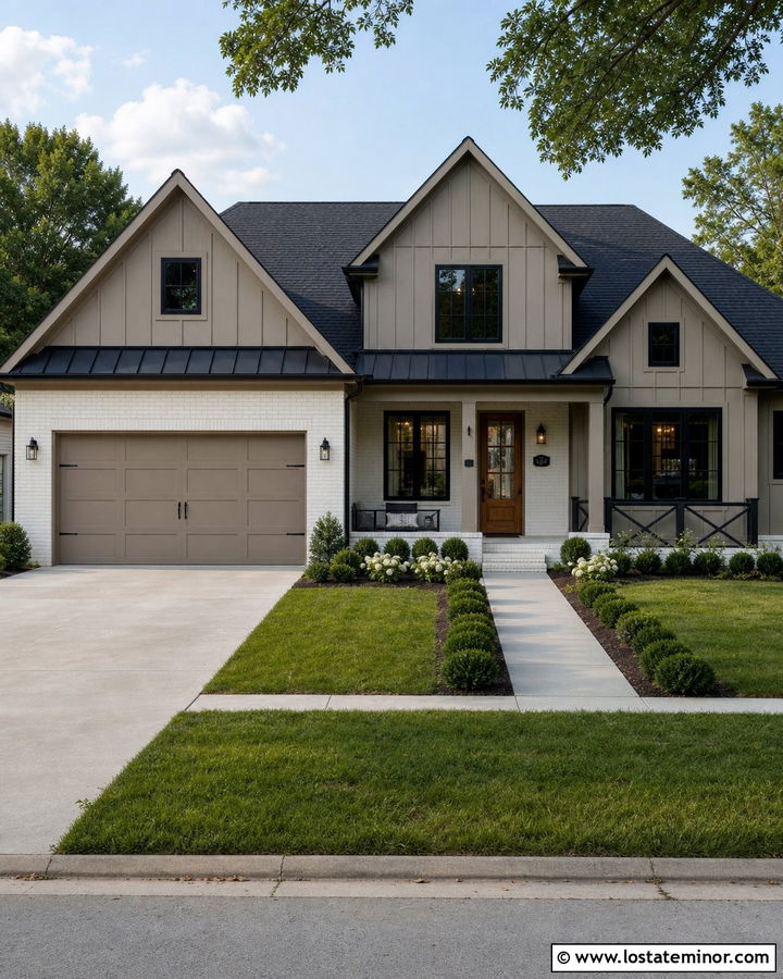 Taupe House With White Brick Garage - 30 Taupe House Design With Garage Door Ideas