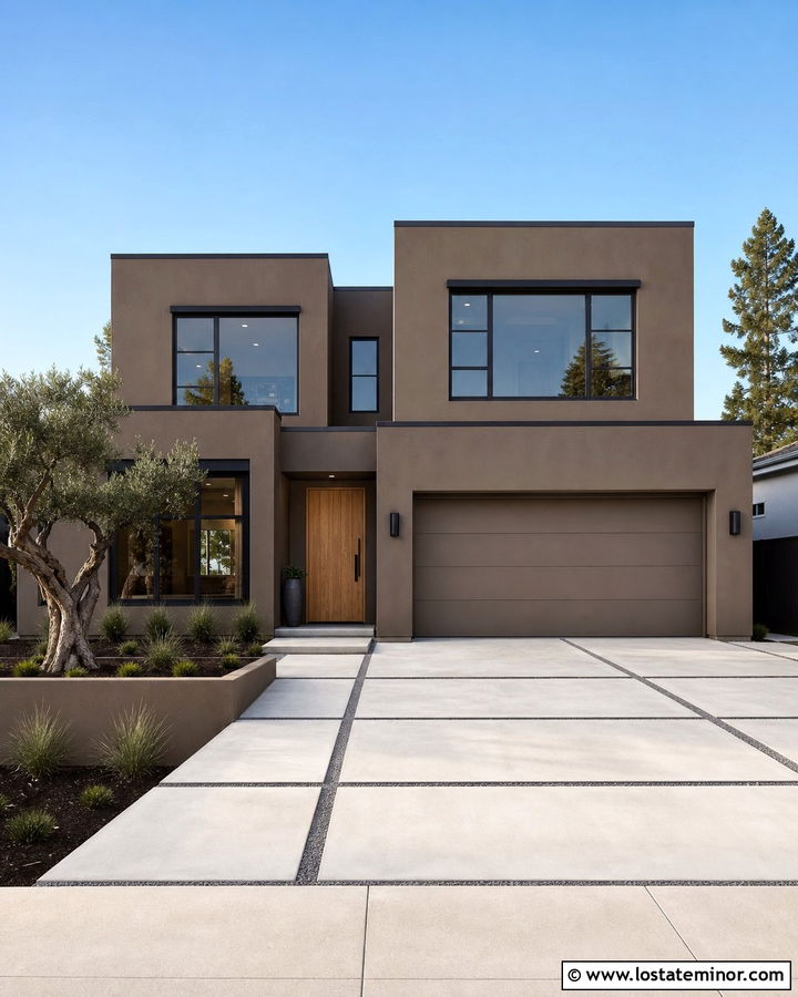 Taupe House With White Concrete Driveway - 30 Taupe House Design With Driveway Ideas