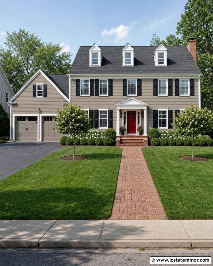 Taupe House With White Dormers And Red Door - 30 Taupe House Design With Dormers Ideas