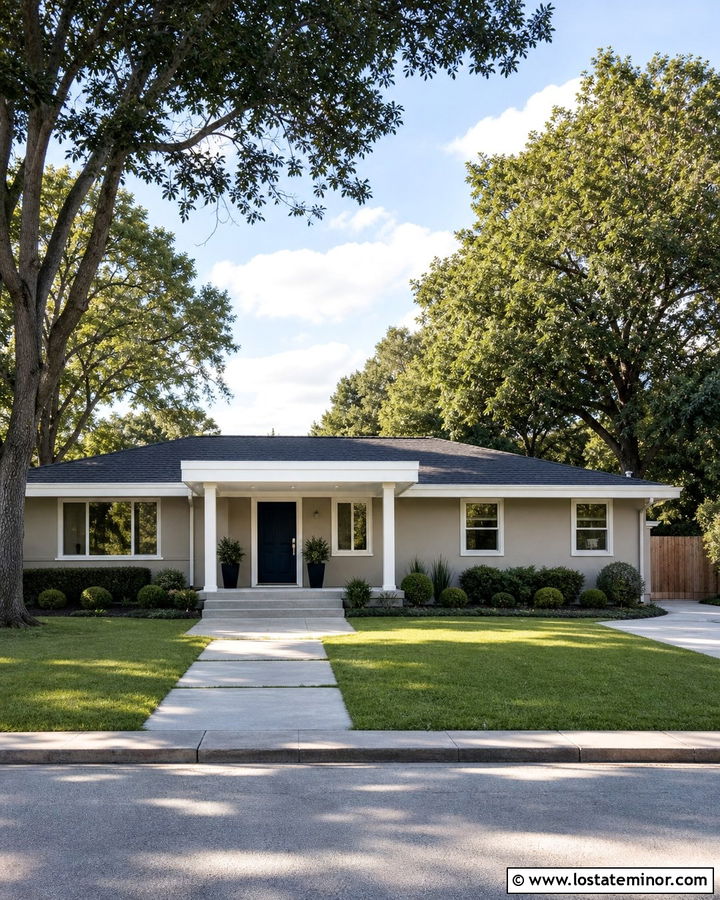 Taupe House With White Flat Roof Portico - 30 Taupe House Design With Portico Ideas