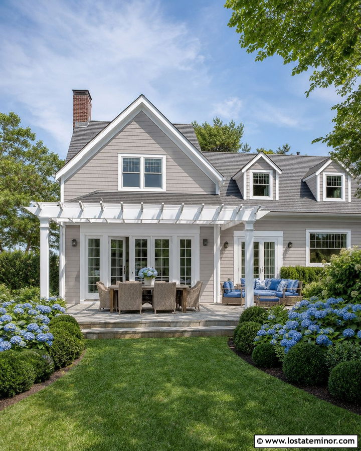Taupe House With White Pergola - 30 Taupe House Design With Backyard Ideas