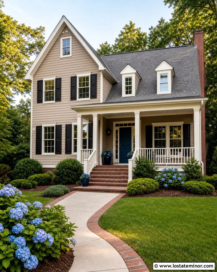 Taupe House With White Railings And Brick Steps - 30 Taupe House Design With Steps Ideas