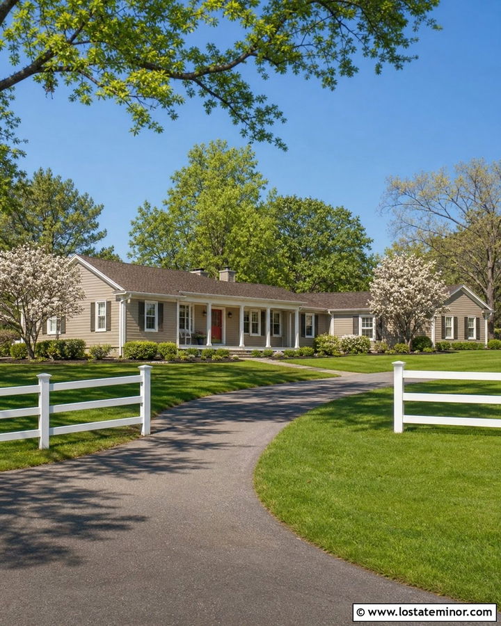 Taupe House With White Ranch Fence - 30 Taupe House Design With Fence Ideas