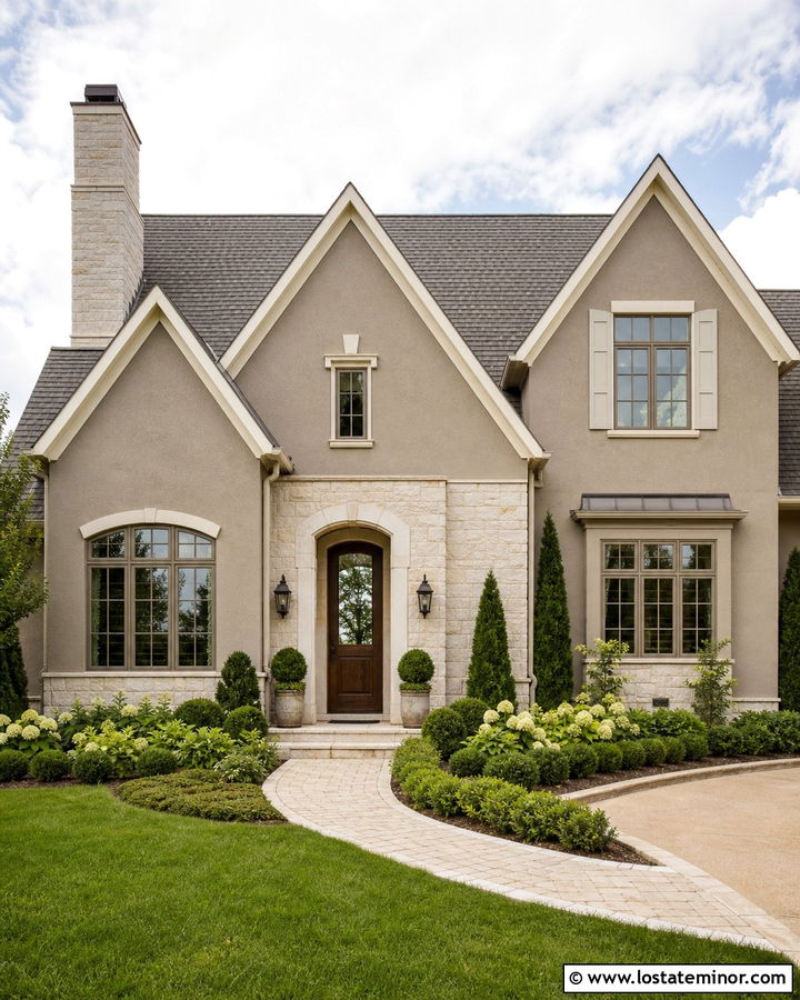Taupe House With White Stone Accents - 30 Taupe House Design With Accents Ideas