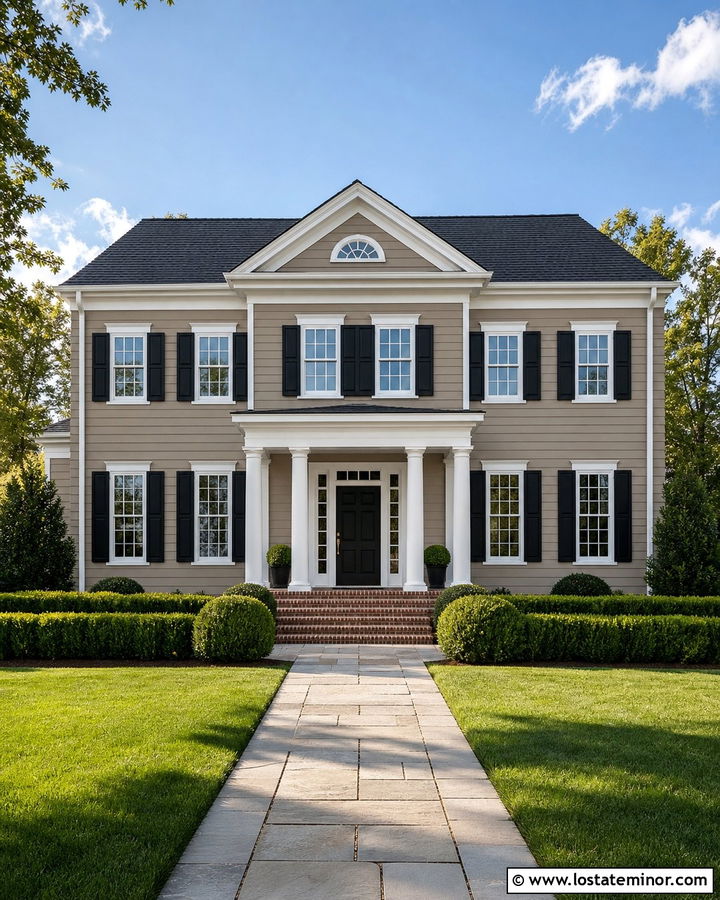 Taupe House With White Trim And Black Door - 30 Taupe House Design With Accents Ideas