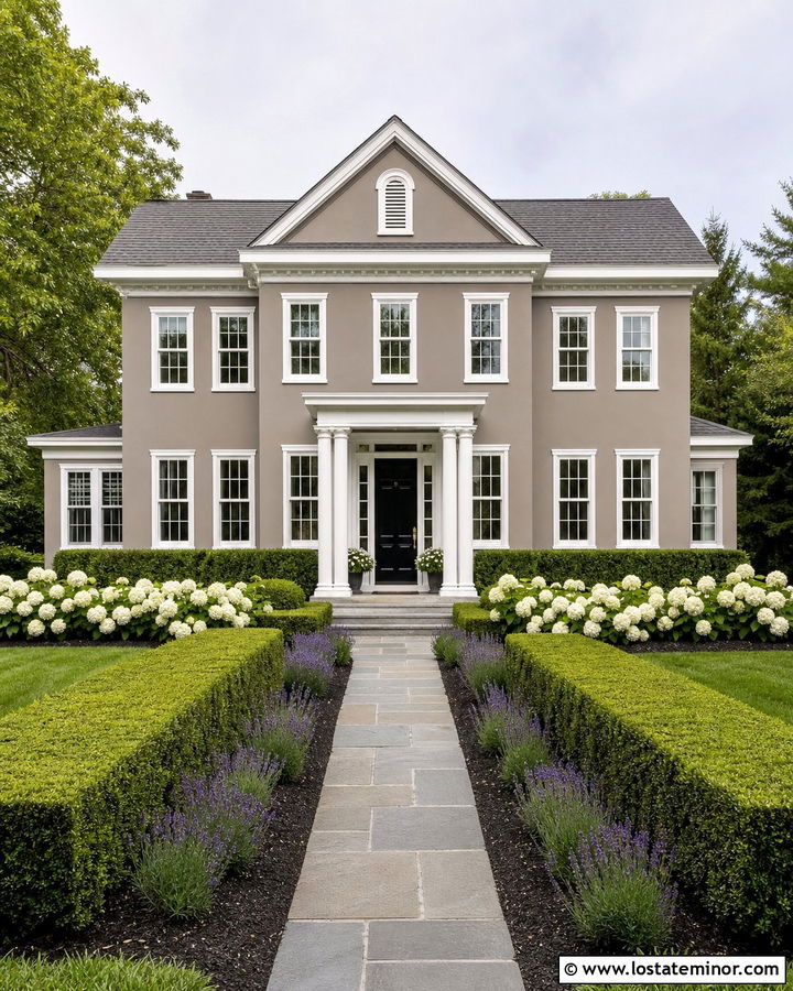 Taupe House With White Trim And Boxwood Landscaping - 30 Taupe House Design With Landscaping Ideas