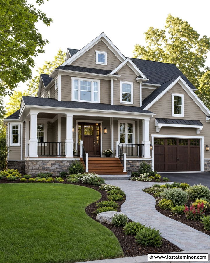 Taupe House With White Trim And Cedar Deck - 30 Taupe House Design With Deck Ideas