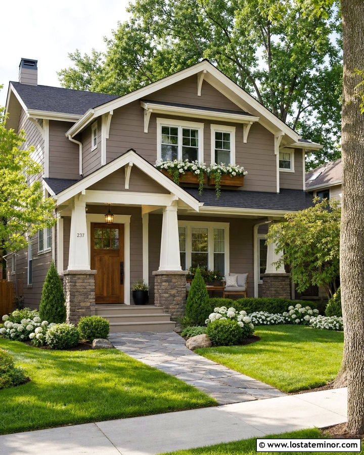 Taupe House With White Trim And Cedar Window Boxes - 30 Taupe House Design With Window Boxes Ideas