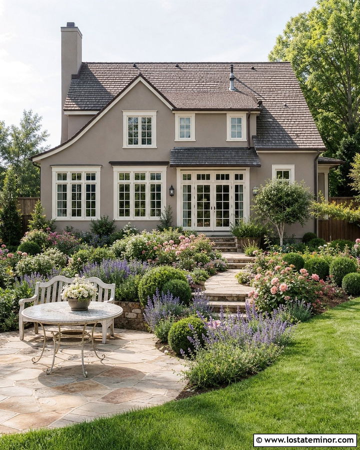 Taupe House With White Trim And Garden Patio - 30 Taupe House Design With Backyard Ideas
