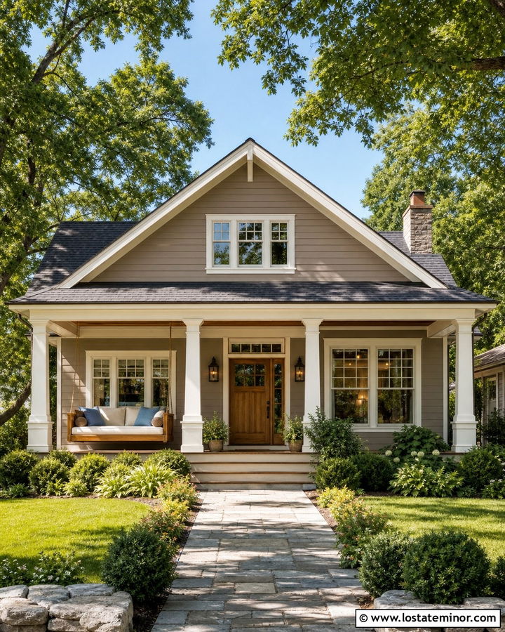 Taupe House With White Trim And Wood Daybed - 30 Taupe House Design With Daybed Ideas