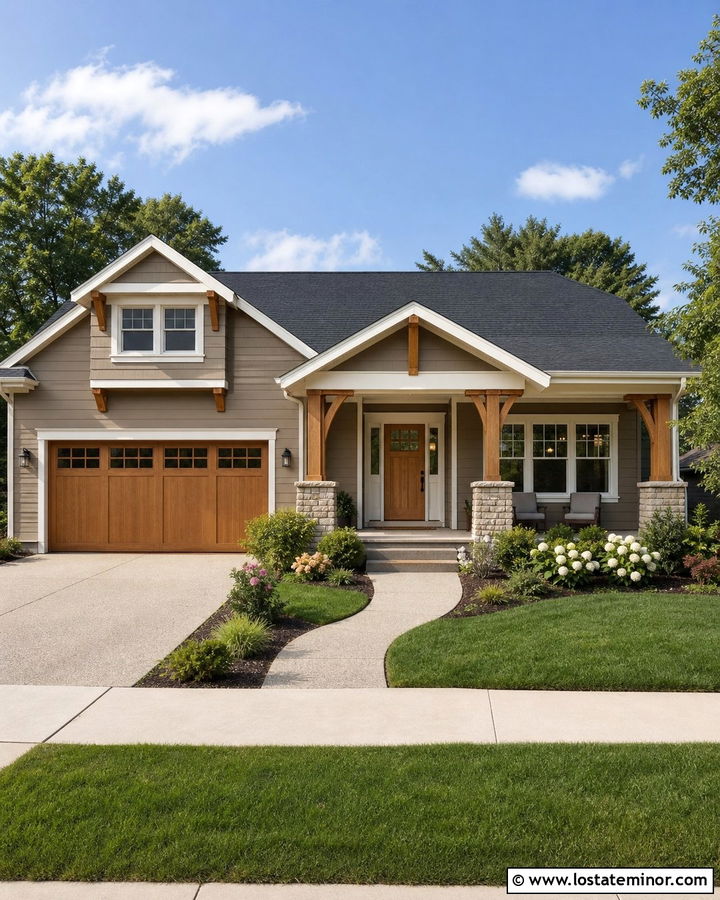 Taupe House With White Trim And Wood Garage Door - 30 Taupe House Design With Garage Door Ideas