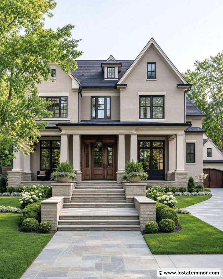 Taupe House With Wide Front Steps - 30 Taupe House Design With Steps Ideas