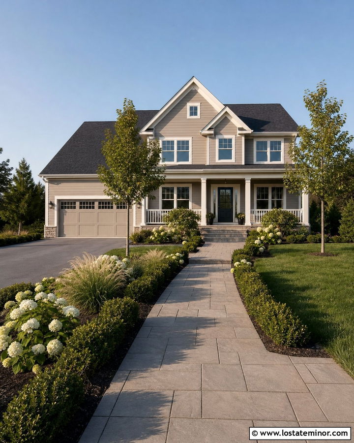 Taupe House With Wide Paver Walkway - 30 Taupe House Design With Front Yard Ideas