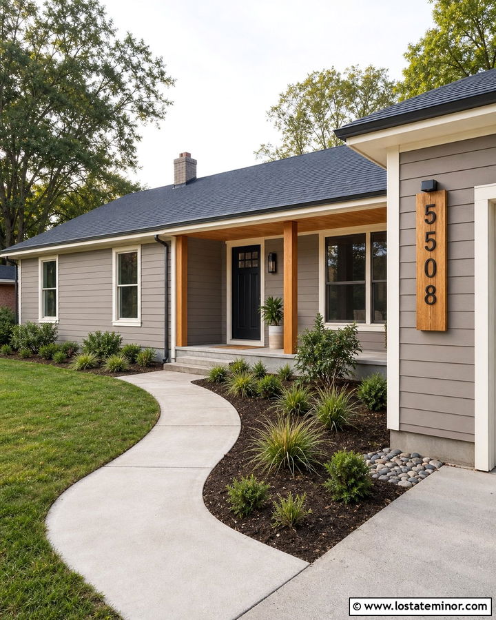 Taupe House With Wood Address Board - 30 Taupe House Design With House Numbers Ideas