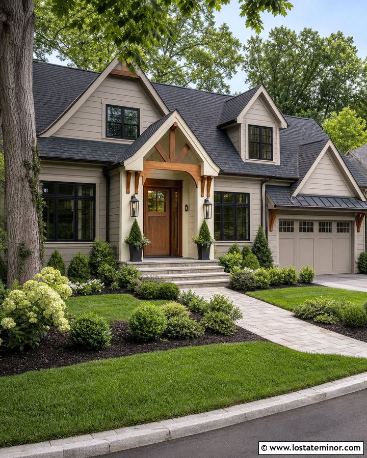 Taupe House With Wood Door Portico - 30 Taupe House Design With Portico Ideas