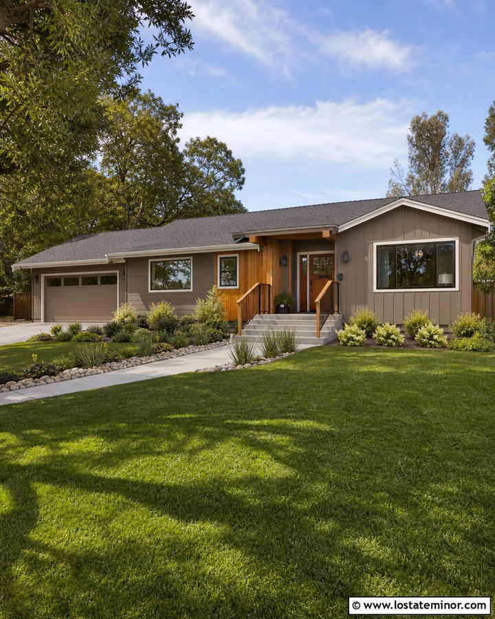 Taupe House With Wood Railings And Concrete Steps - 30 Taupe House Design With Steps Ideas