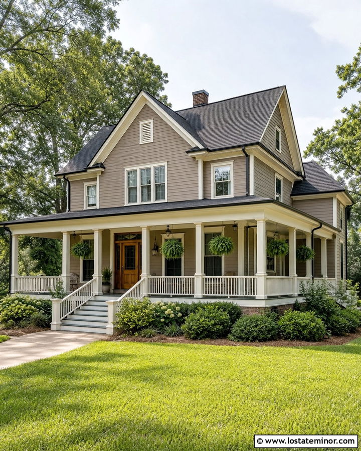 Taupe House With Wraparound Porch Railings - 30 Taupe House Design With Railings Ideas