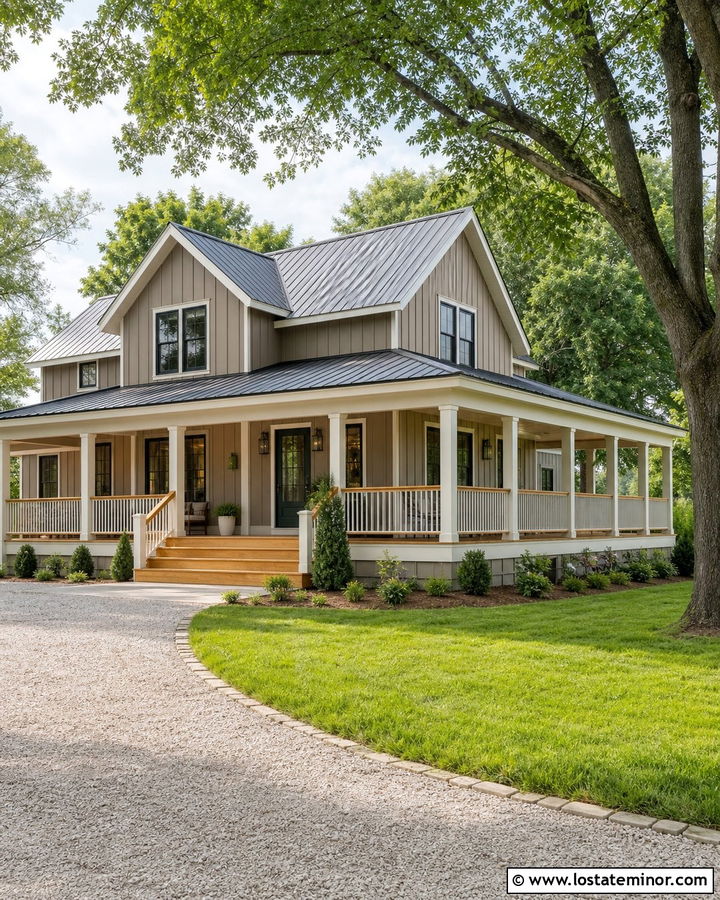 Taupe House With Wraparound Wood Deck - 30 Taupe House Design With Deck Ideas